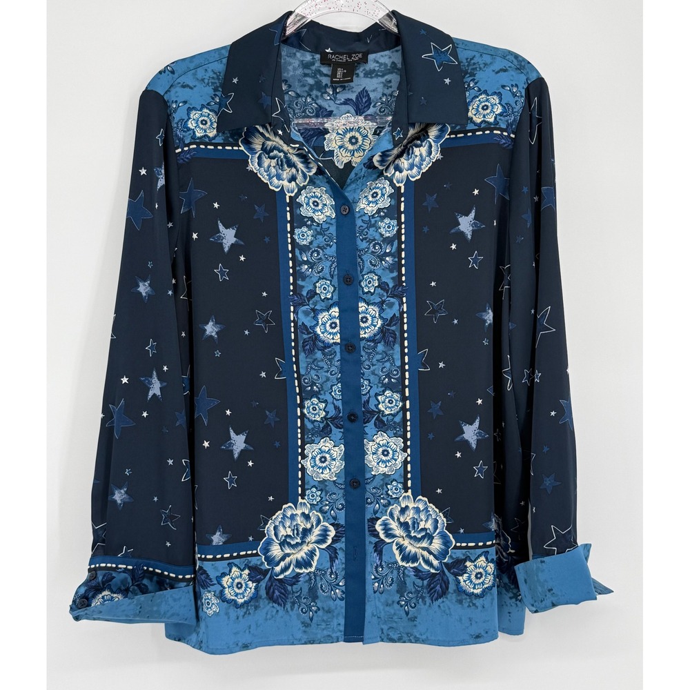 Rachel Zoe Womens Navy Blue Celestial Star Floral Button Down Blouse Sz L